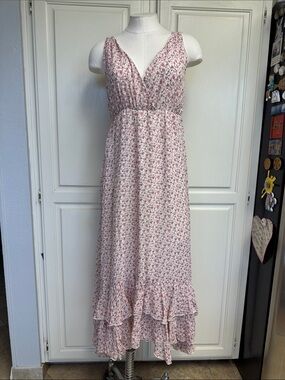 Pink Floral V-Neck Ruffle-Hem High Low Maxi Dress